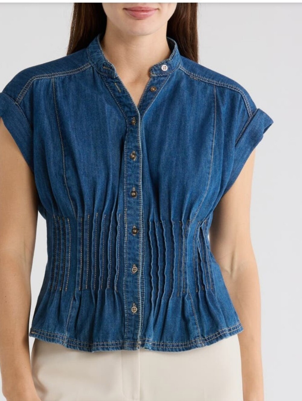 T Tahari Pintucked Short Sleeve Denim Top Blue Denim SZ M